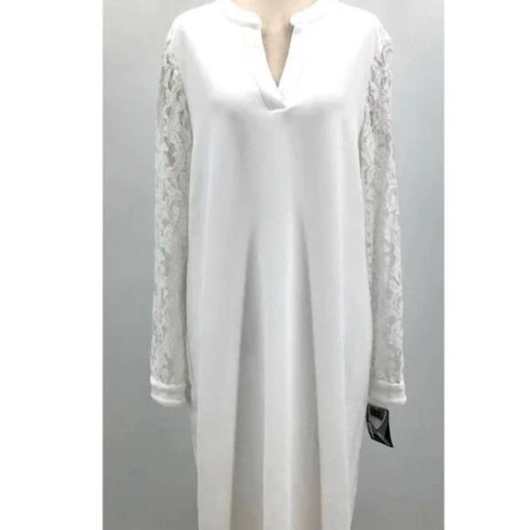 NWT$ 99 KASPER white split neck long lace sleeve knee length dress sz L - Picture 2 of 3